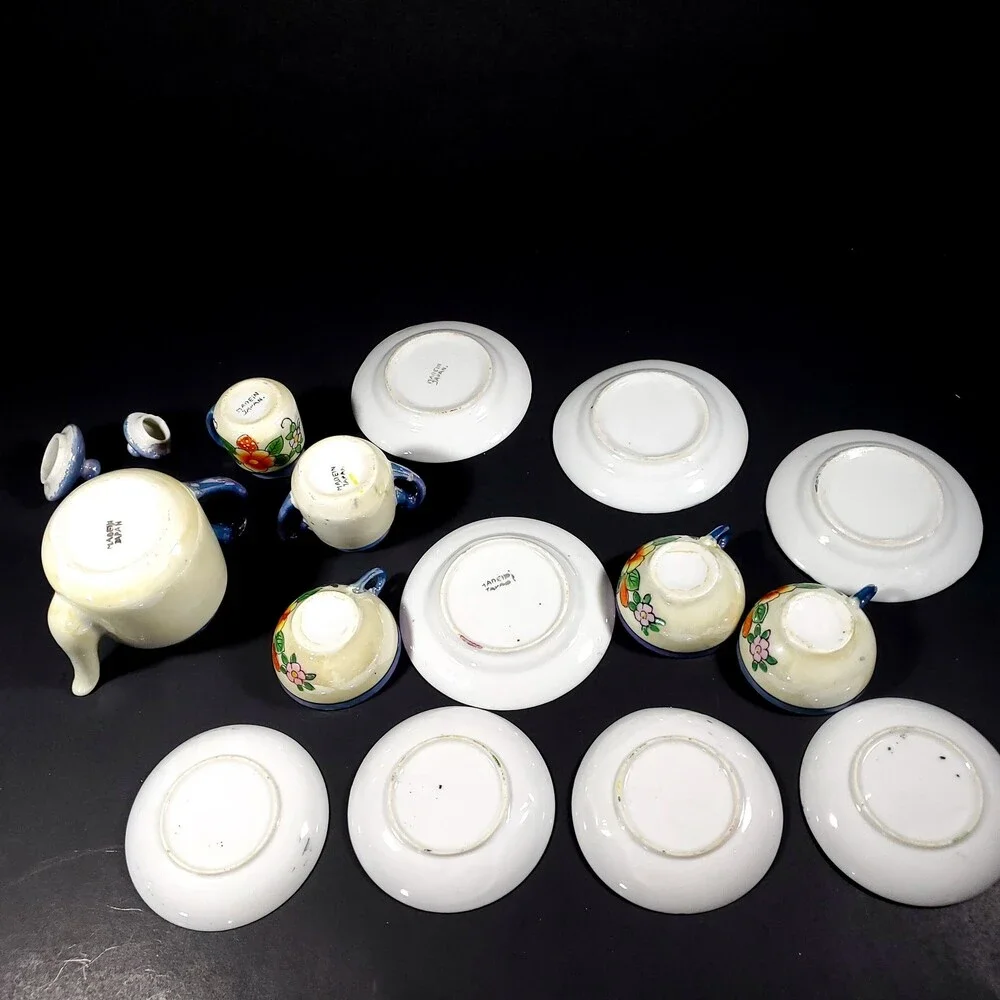 Vintage 1950s Japanese Lusterware Tea Set 17 pieces blue rim orange blue flowers